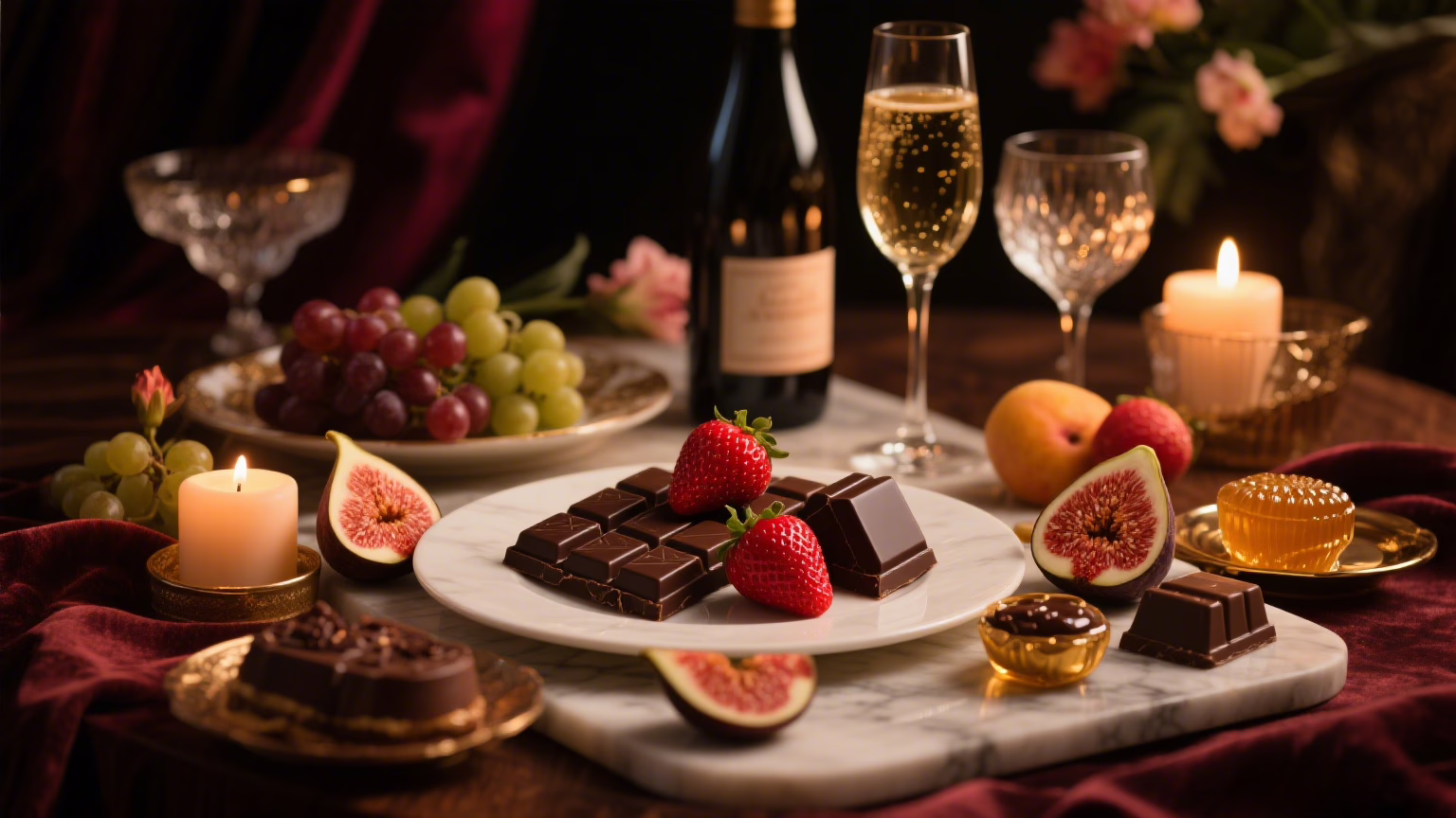 Aphrodisiac foods and wine arranged for romantic sensory tasting experience