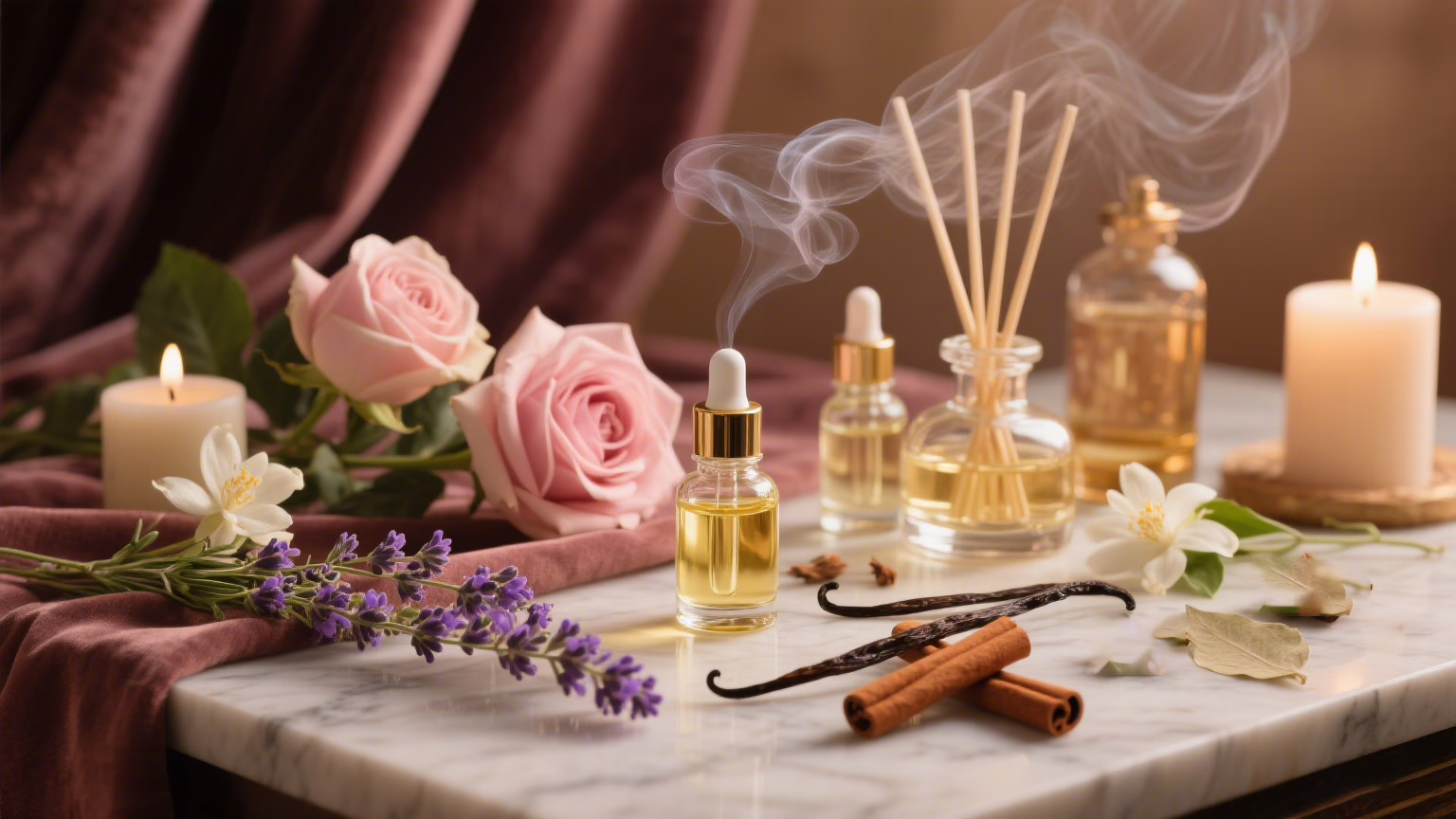 Essential oils and aromatherapy setup for romantic sensory play