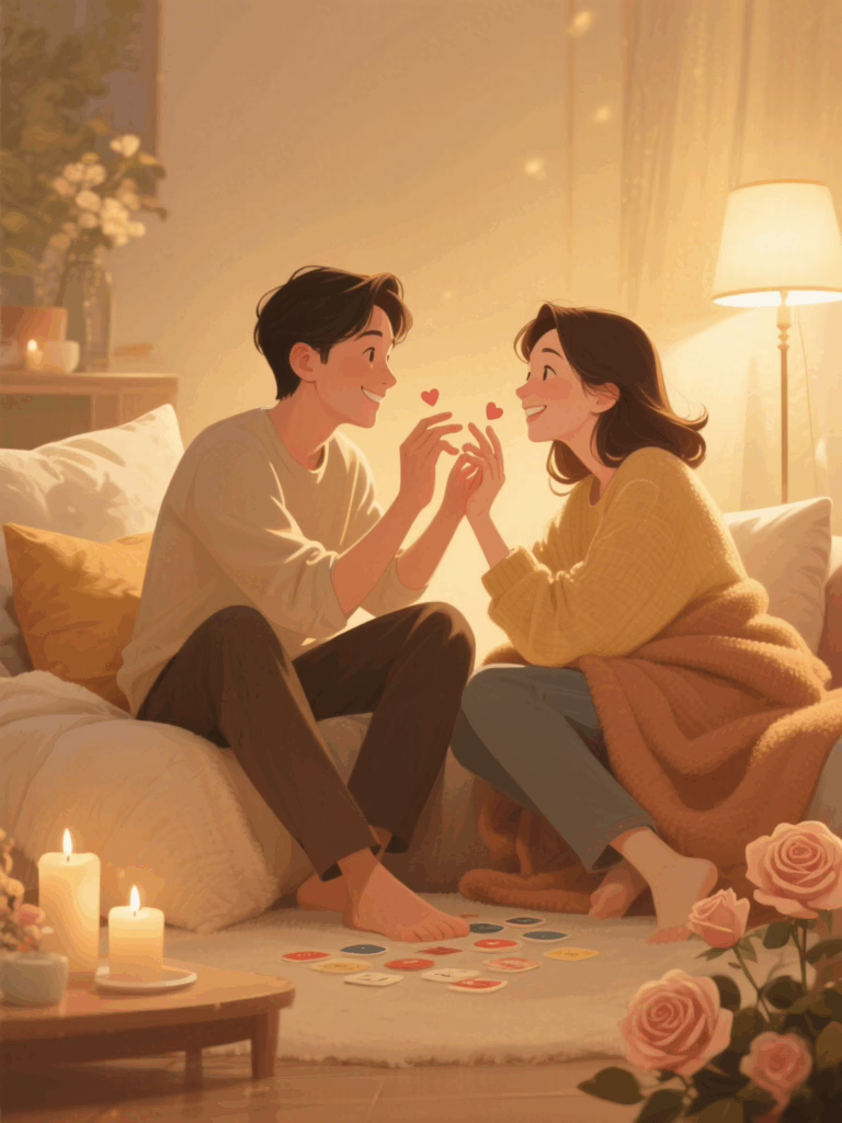 Couple preparing to play intimate touch games in cozy romantic setting