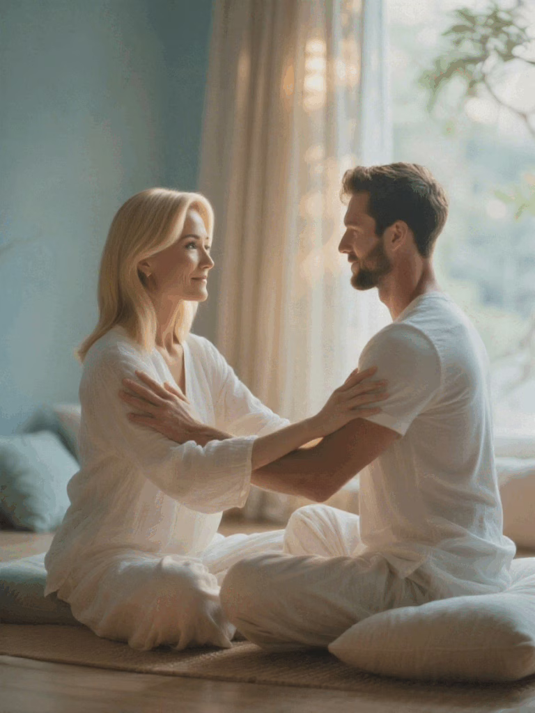 Mindful touch meditation practice for couples in serene setting
