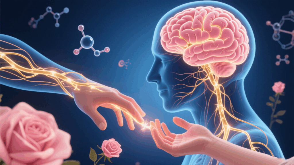 Brain science illustration showing oxytocin and touch response in relationships