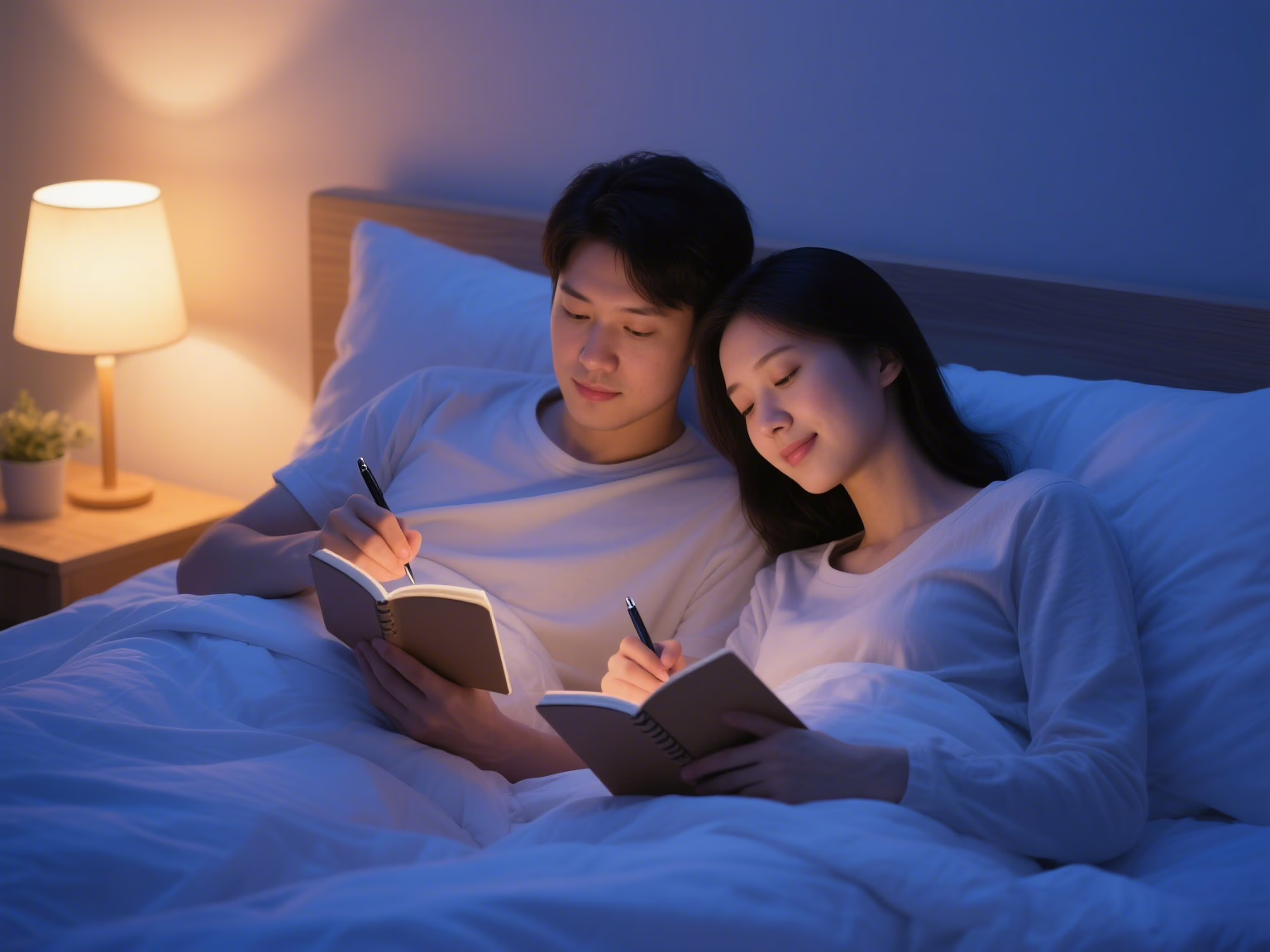 Couple doing evening emotional journaling as part of bedtime routine
