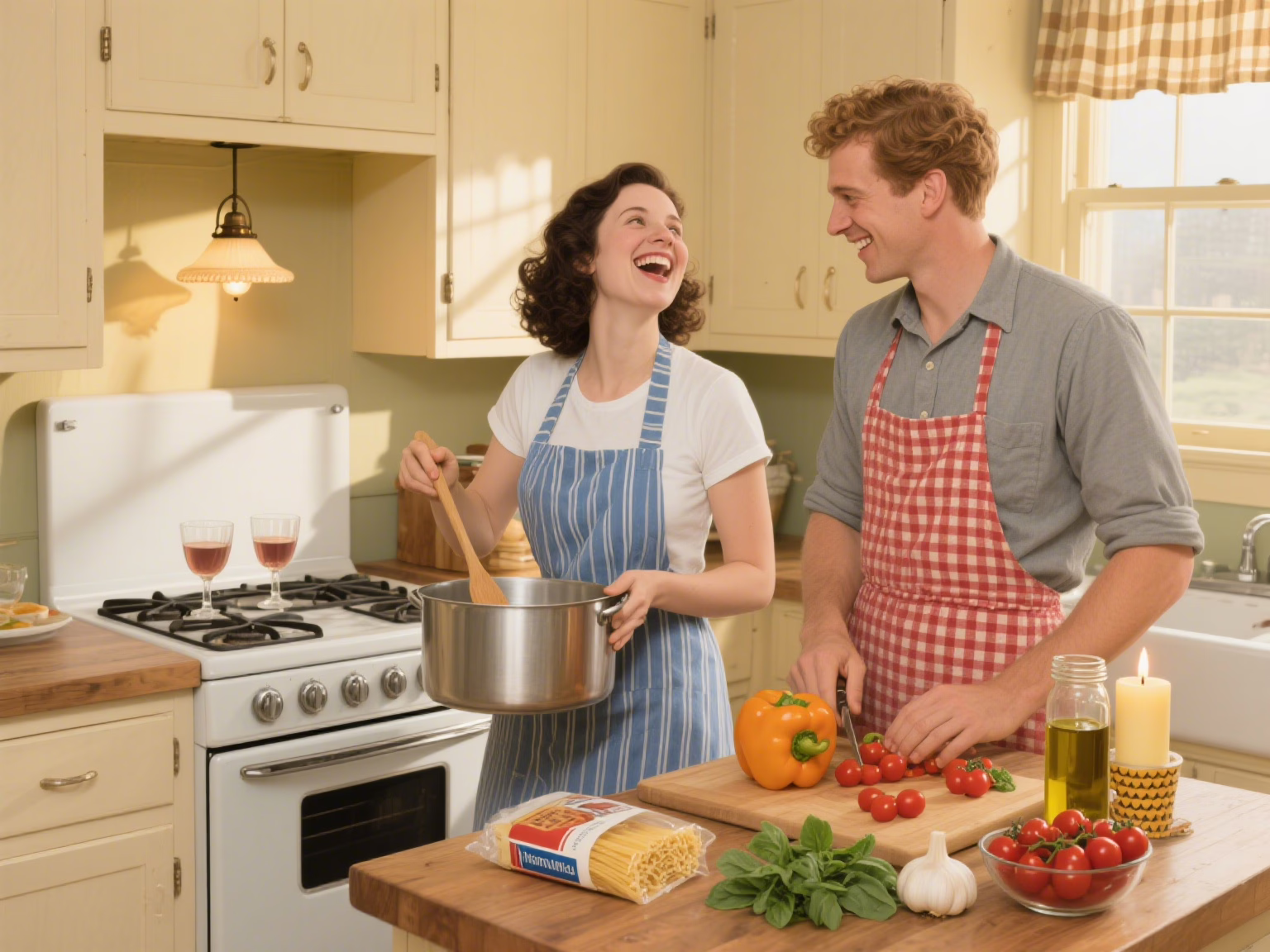 Couple enjoying budget cooking date night at home under $20