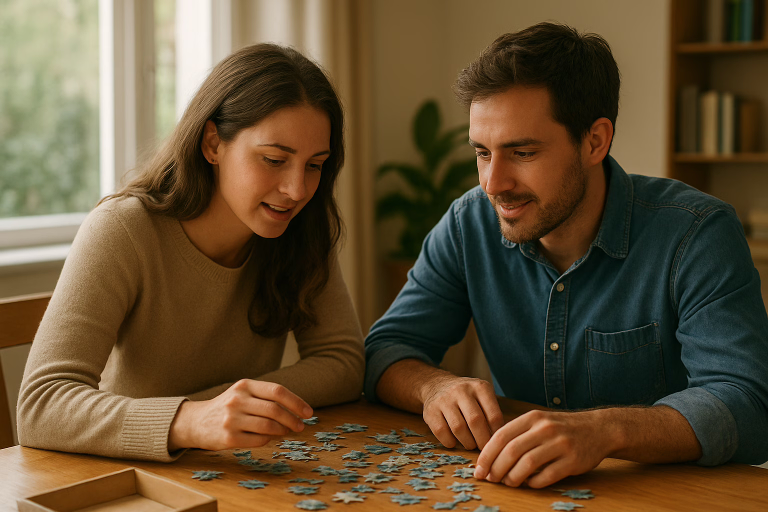 Couple enjoying analog activities like puzzles during digital detox weekend