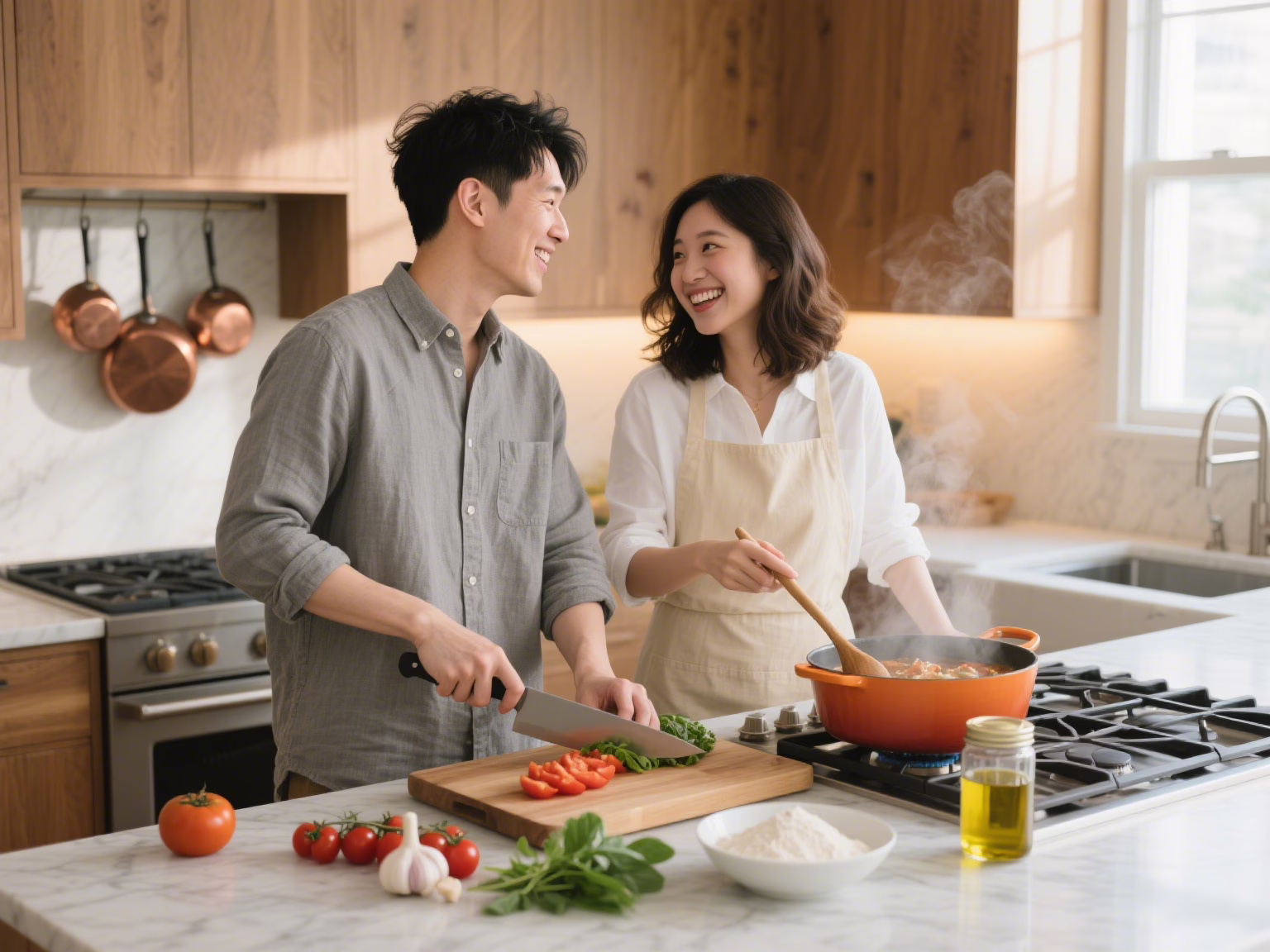Couple cooking together without phones during digital detox experiment