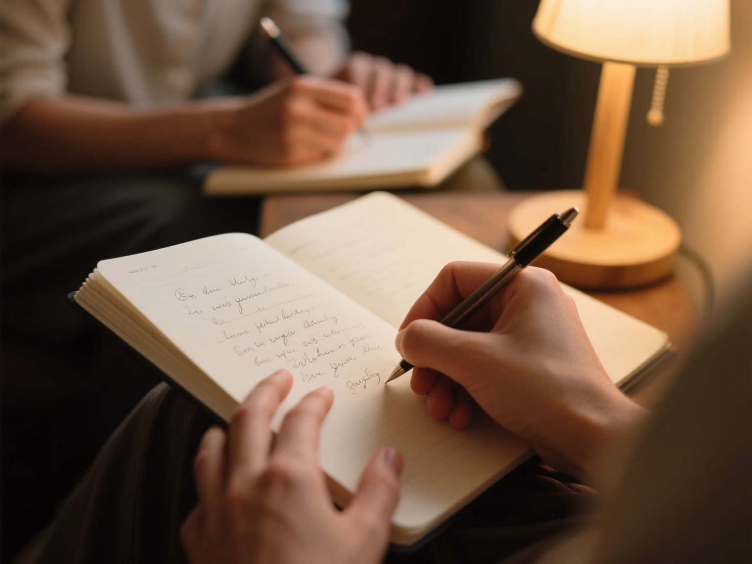 Close-up of emotional journaling practice showing handwritten reflections