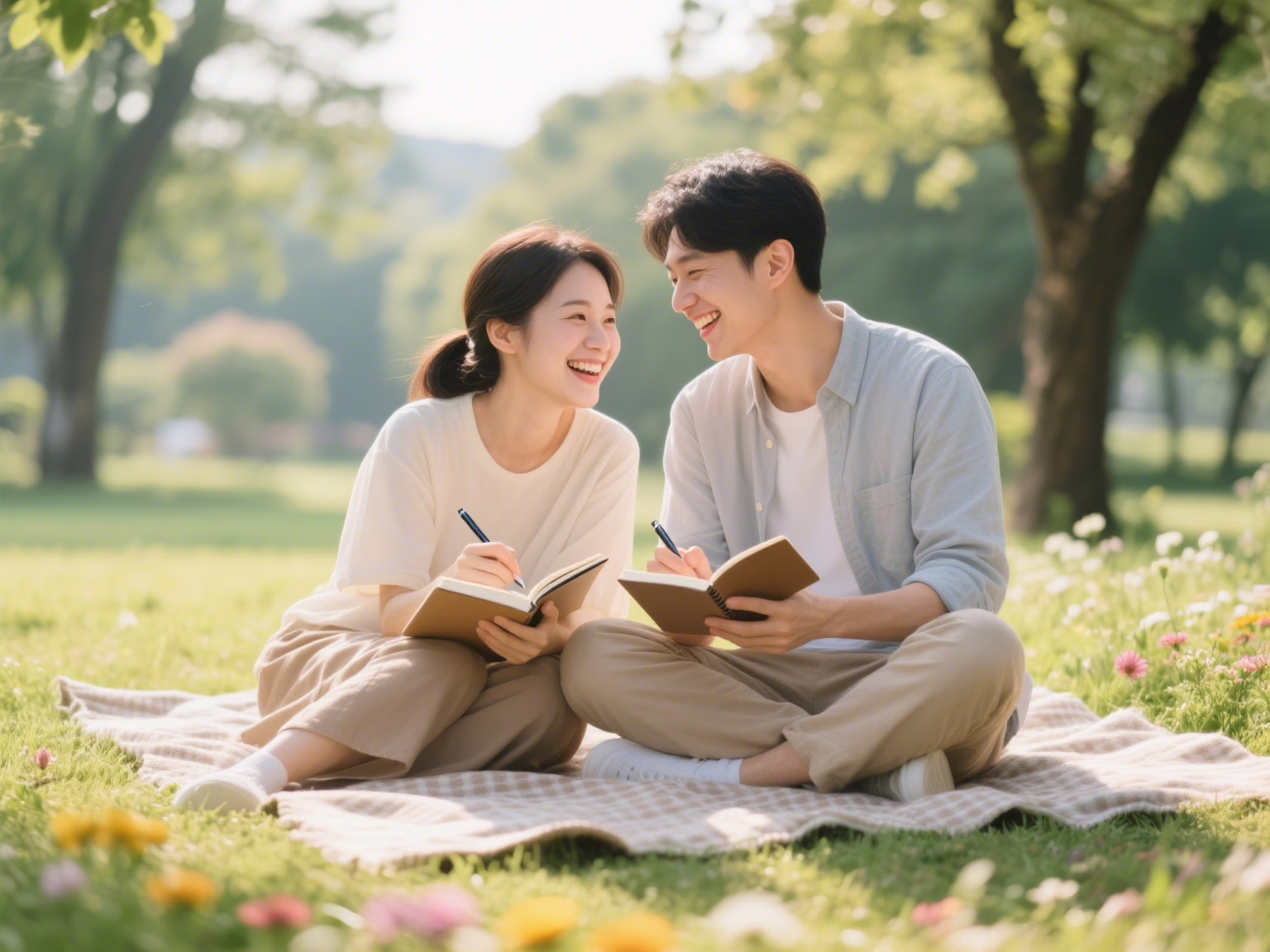 Happy couple sharing positive emotions through outdoor journaling practice