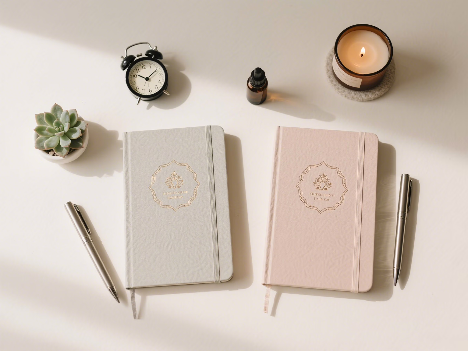 Emotional journaling setup for couples including journals, pens, and calming elements