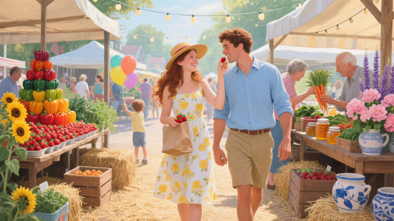 Couple exploring local farmers market as budget-friendly date activity