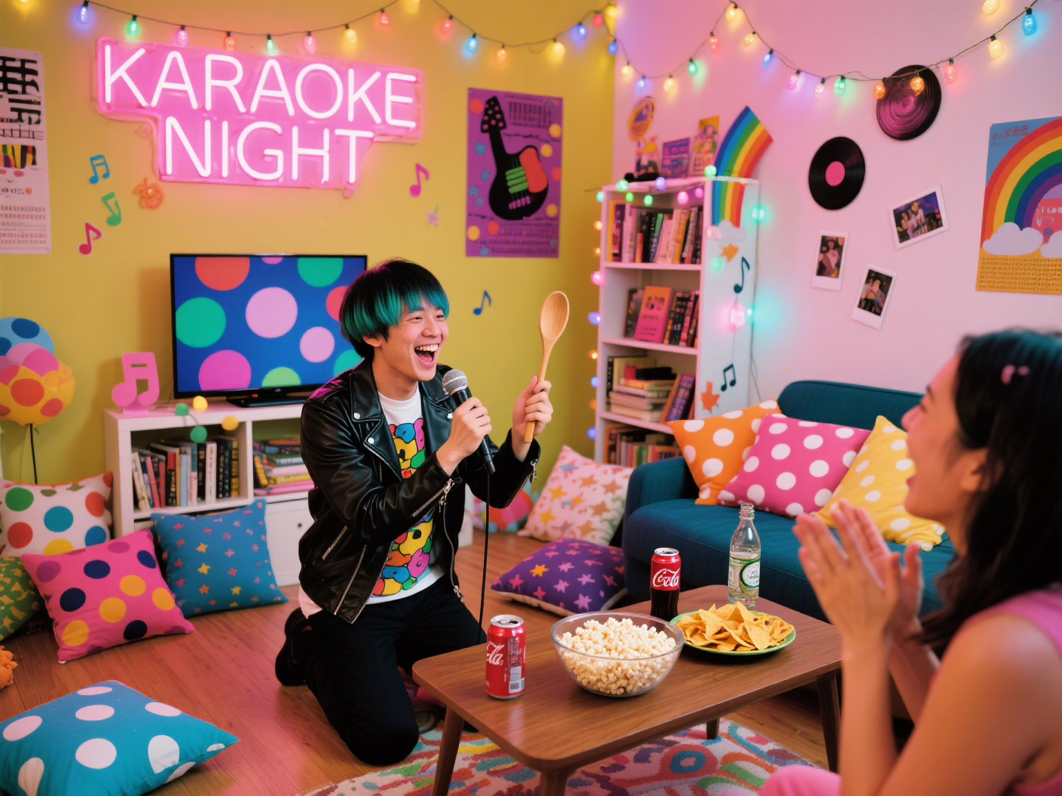 Fun budget home karaoke date with couple singing and laughing together