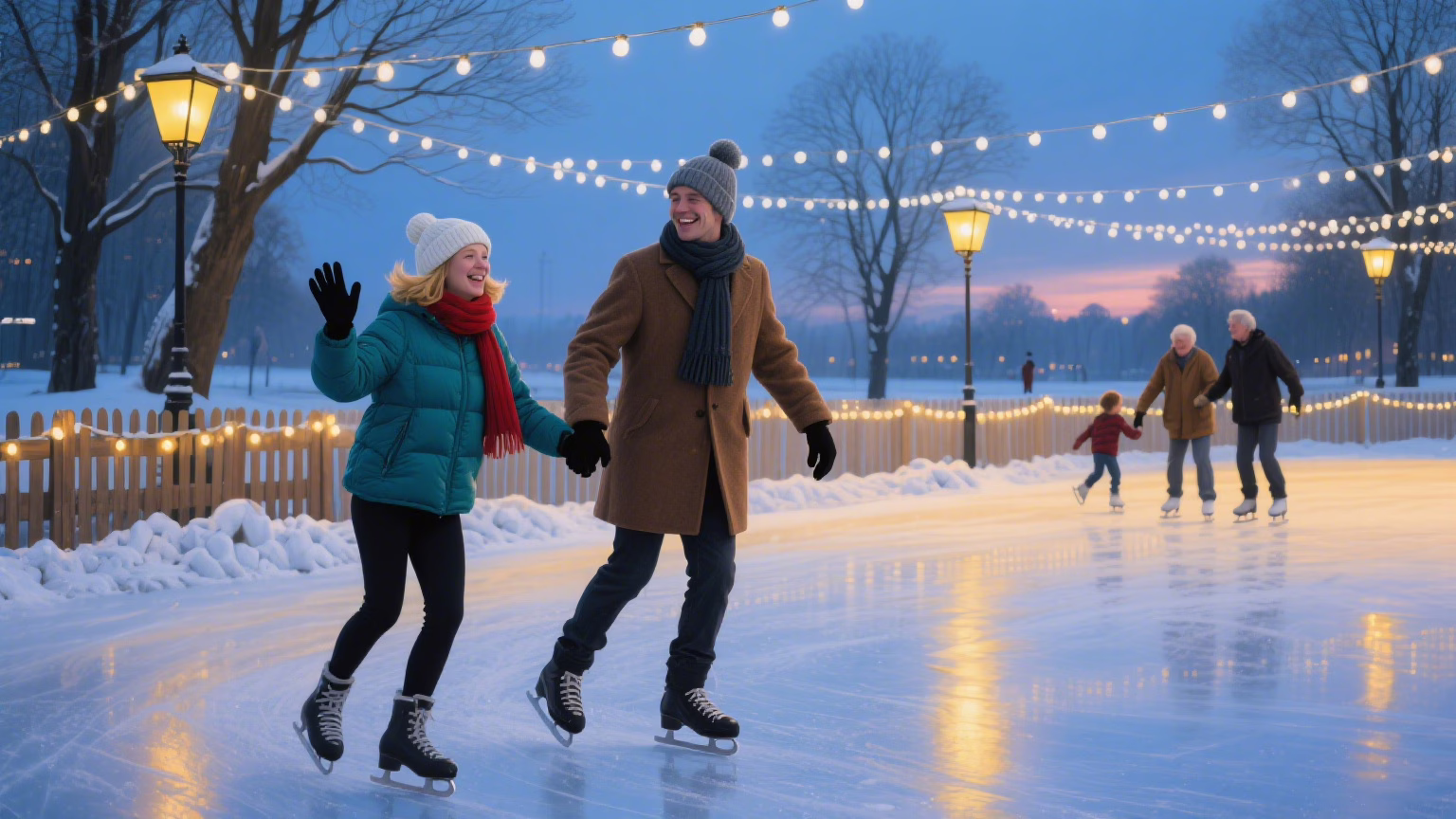 Budget winter date ice skating with holiday lights and warm atmosphere