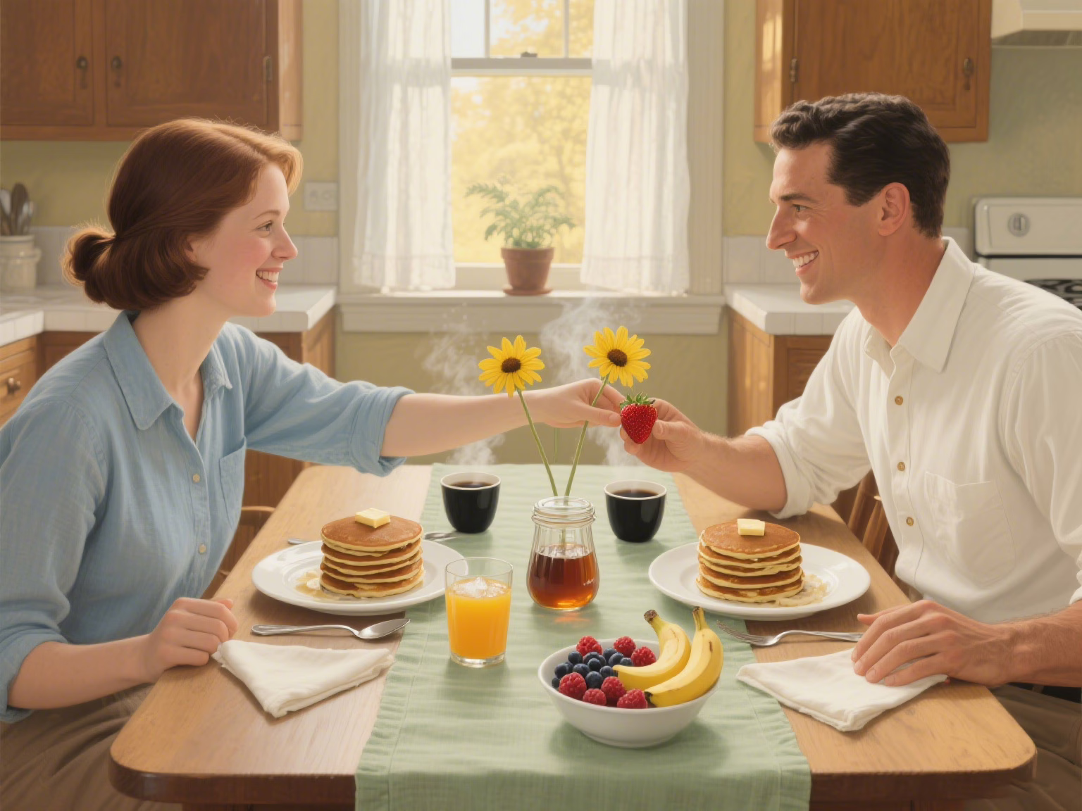Romantic breakfast date setup at home with pancakes and fresh fruit under $20