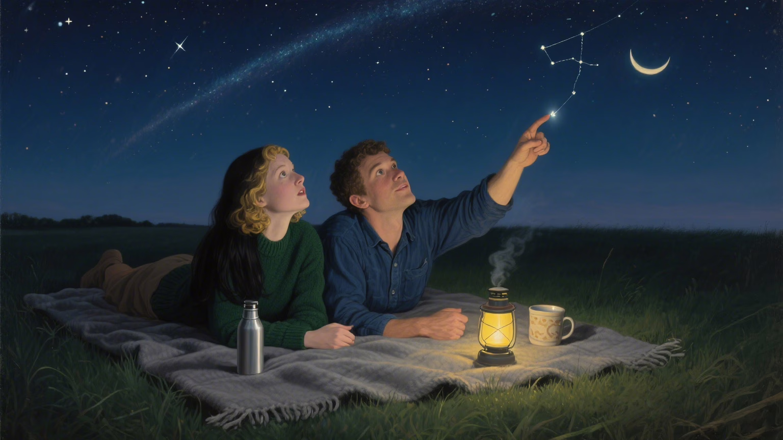 Romantic stargazing budget date with blanket and hot drinks under night sky