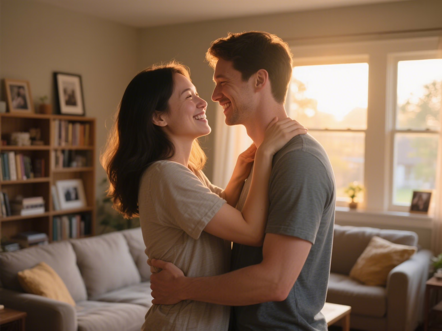 Couple in loving embrace after completing their silent communication challenge