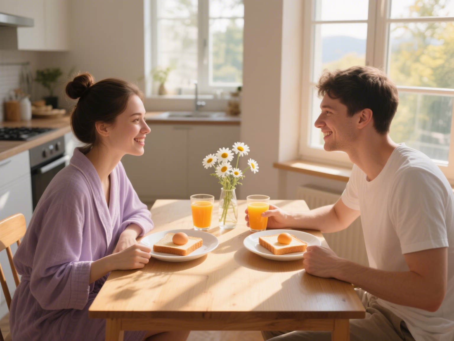 Couple sharing silent breakfast with morning light streaming through window