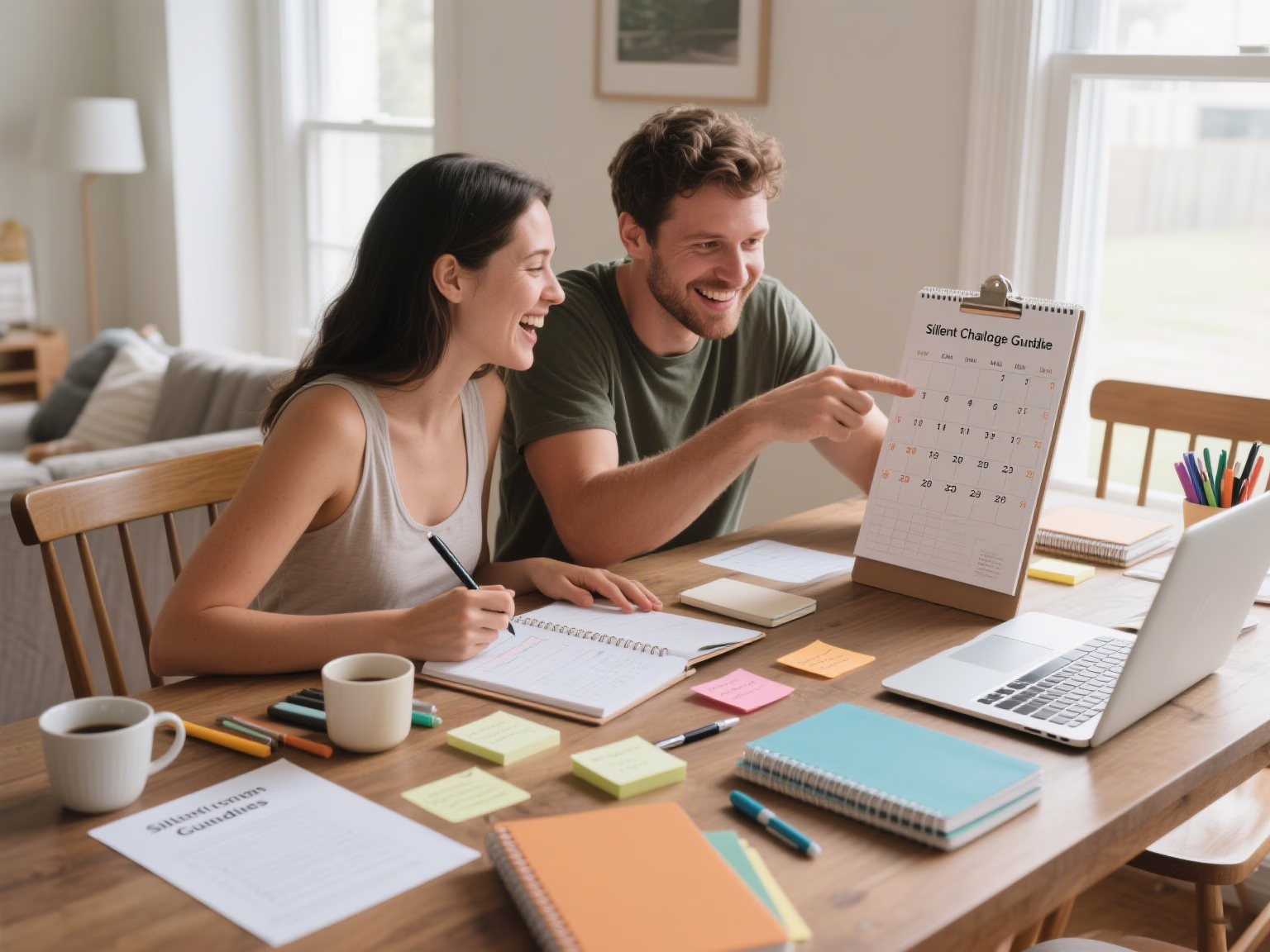 Couple planning their silent challenge with calendar and preparation checklist