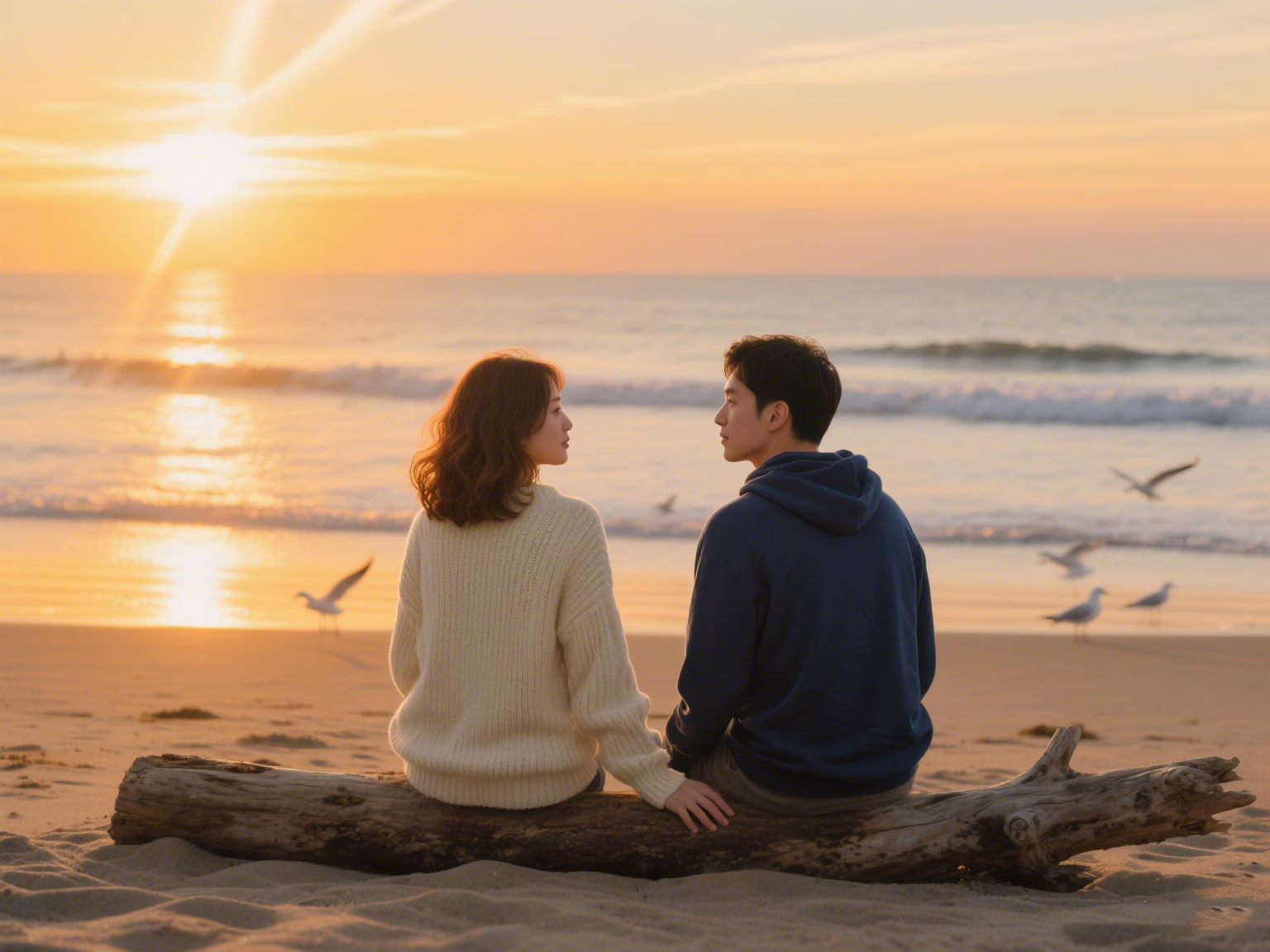 Couple sitting silently together watching sunset on beach during silent communication challenge
