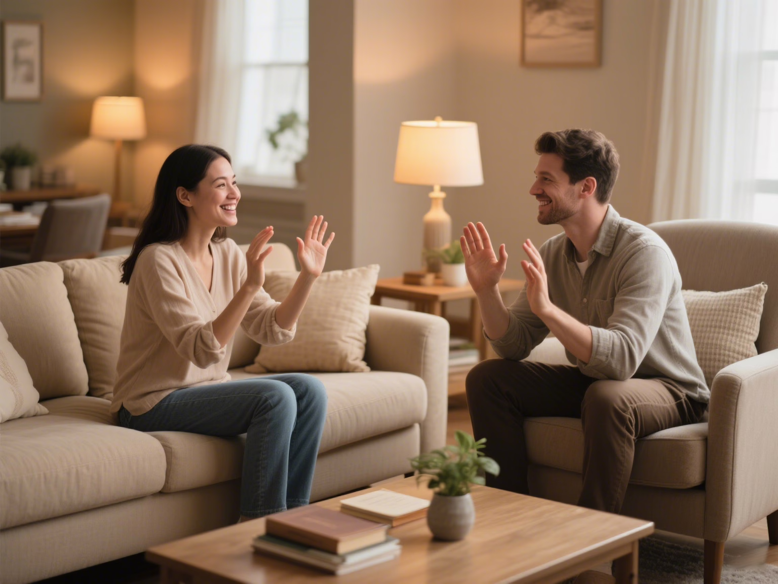 Couple communicating through hand gestures and body language in living room