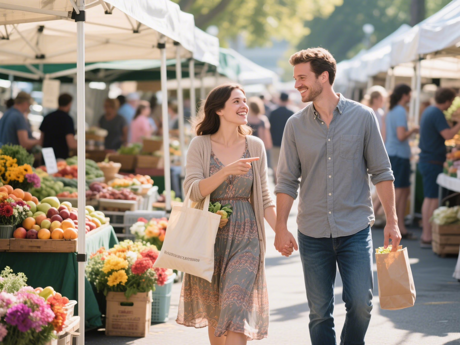 Couple walking through farmers market communicating silently through gestures