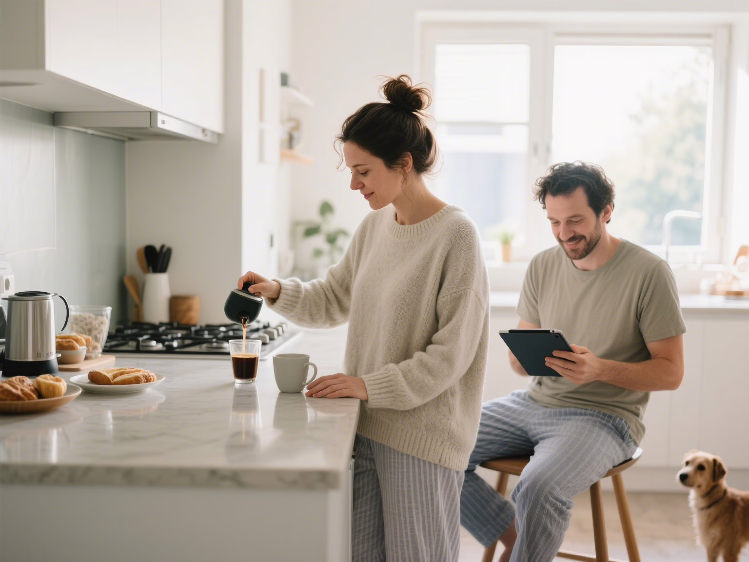 Couple in comfortable morning routine sharing coffee representing evolved love
