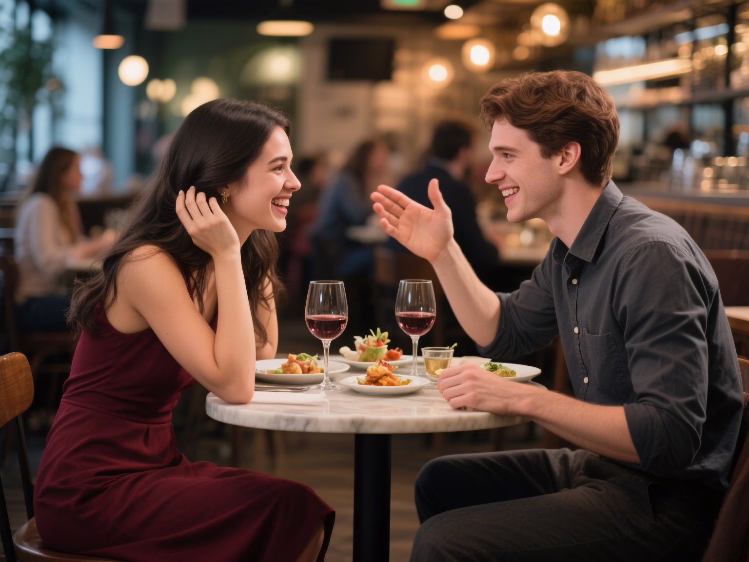Young couple on early date showing signs of passionate love and excitement