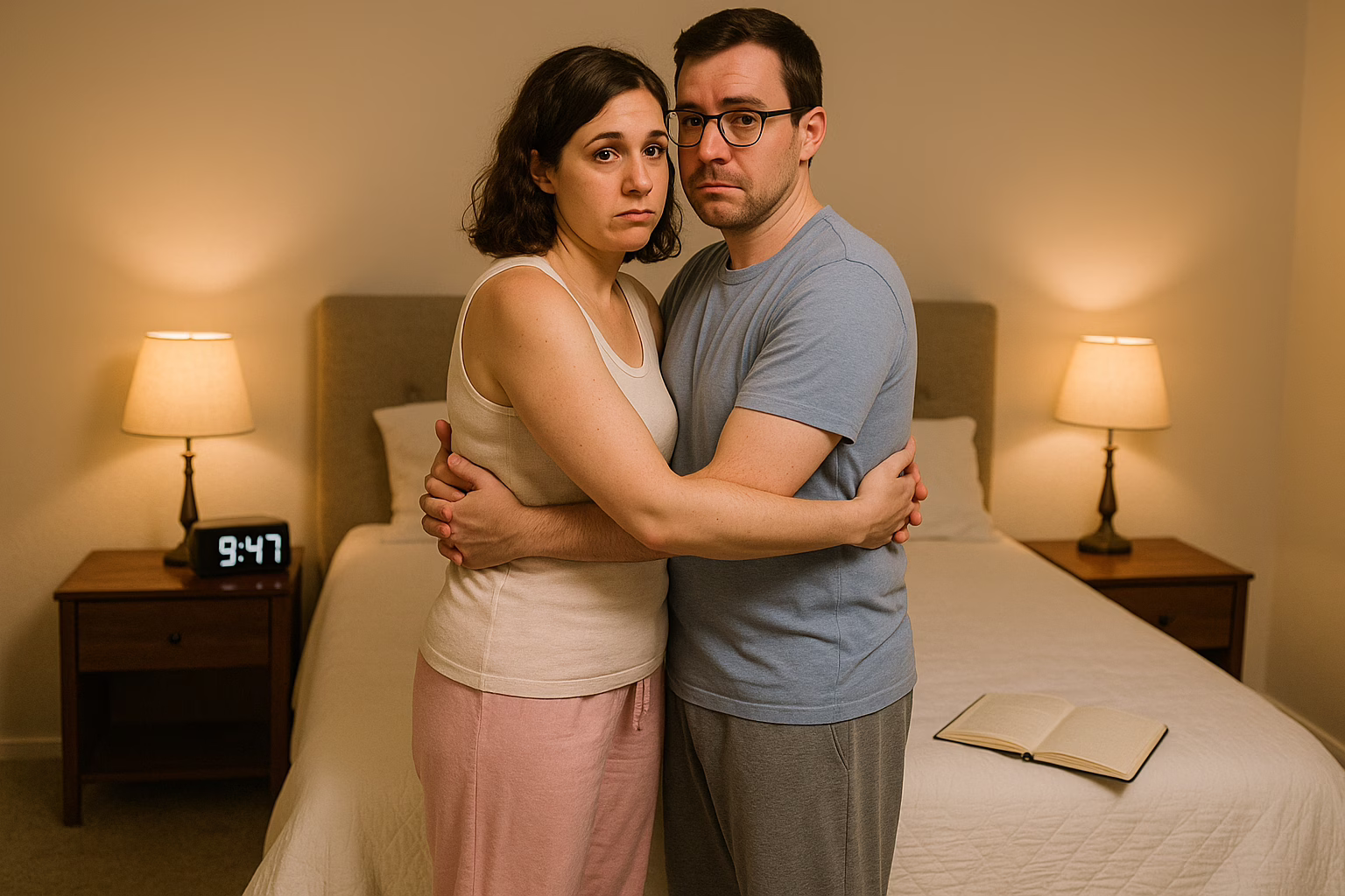 Couple sharing their first intentional bedtime hug looking slightly awkward