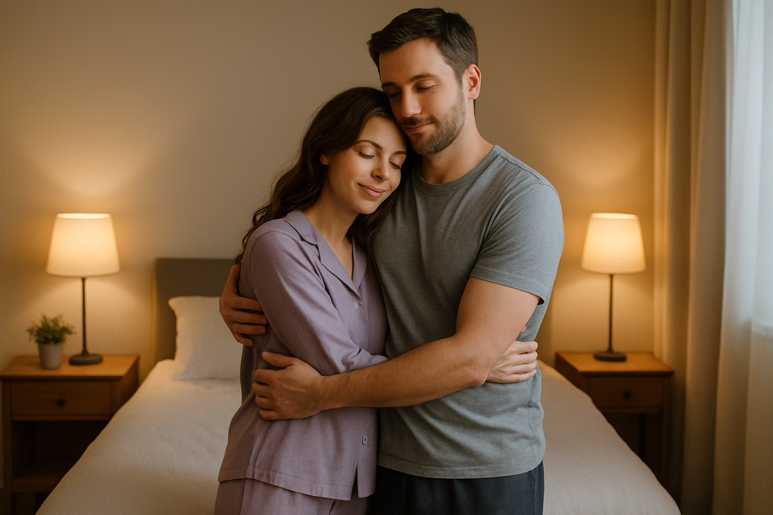 Couple in natural, peaceful bedtime embrace showing how ritual became effortless