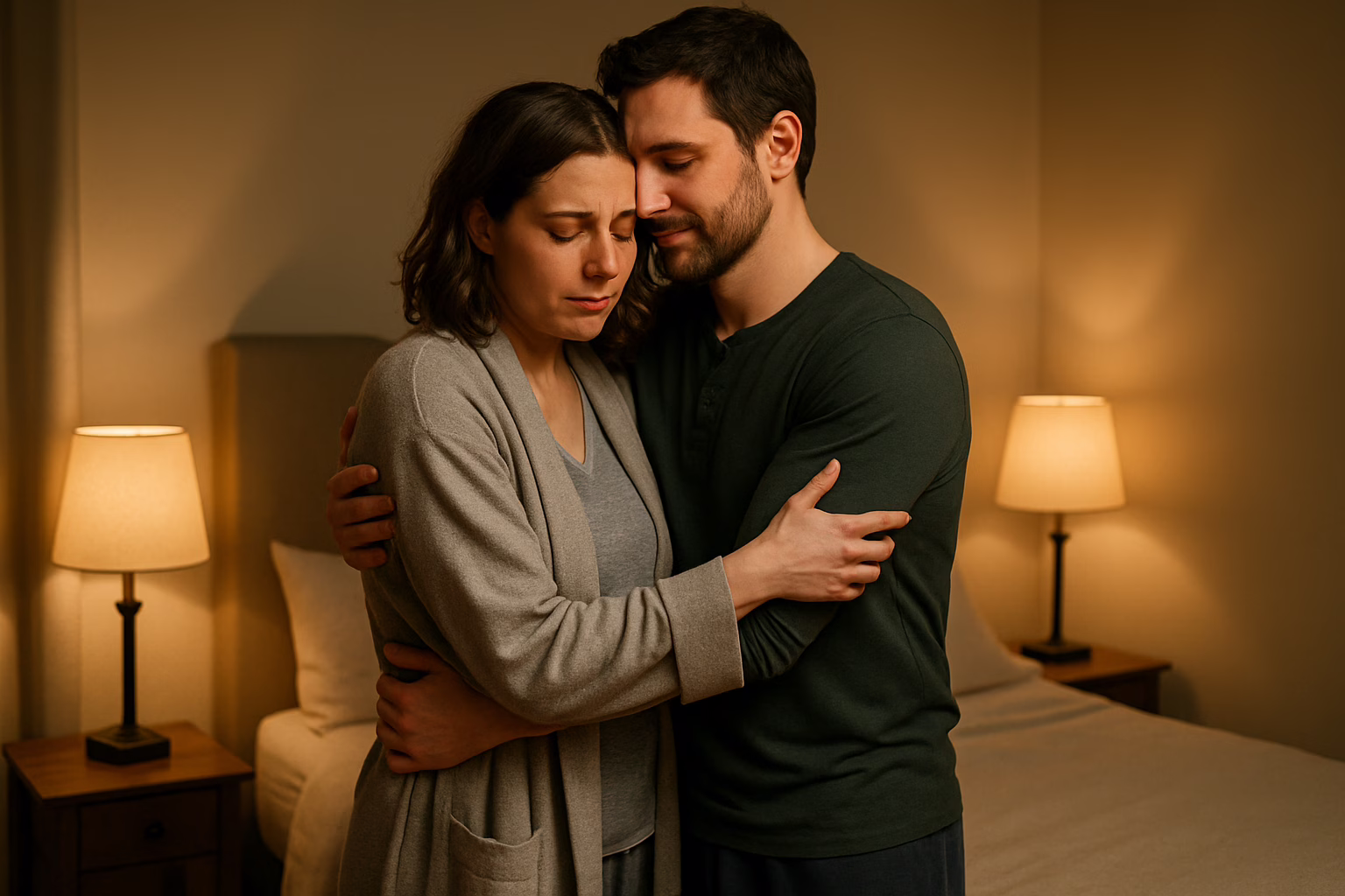 Couple sharing hesitant but healing hug after disagreement during experiment