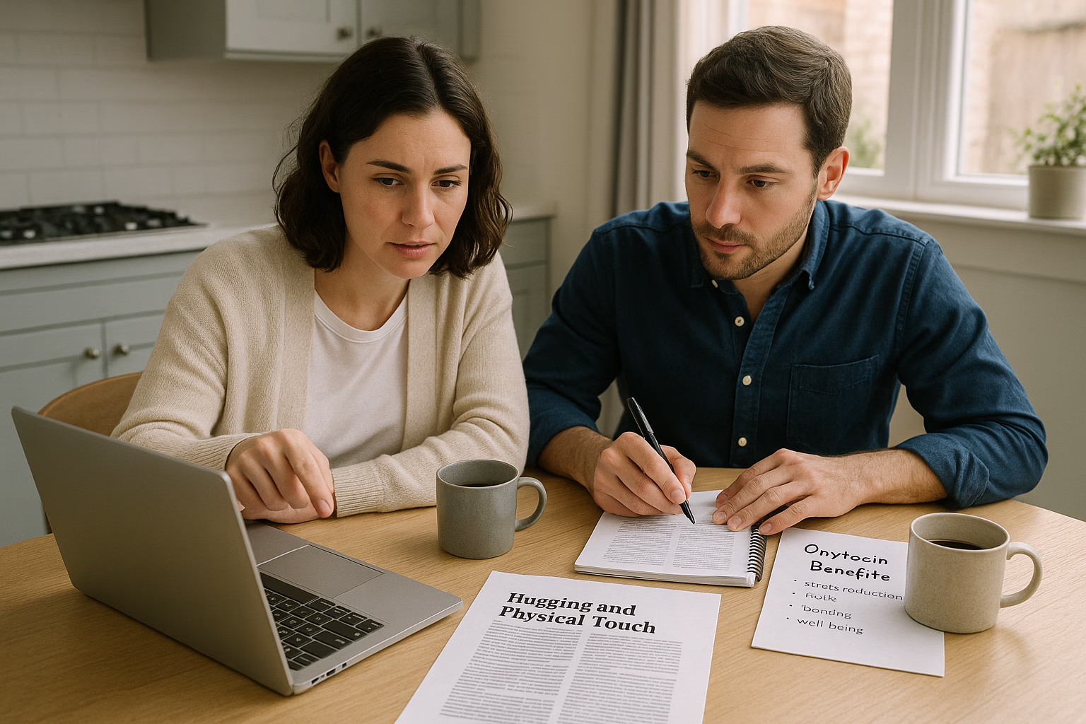 Couple researching the science of hugging benefits with laptop and notebooks
