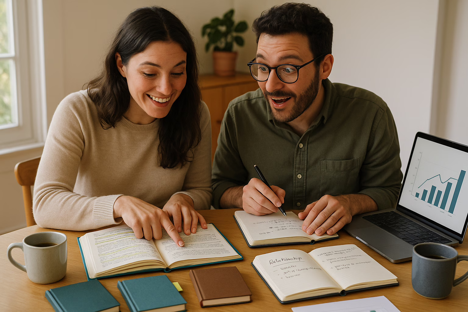 Couple sitting together reviewing journals and notes from their 30-day hugging experiment