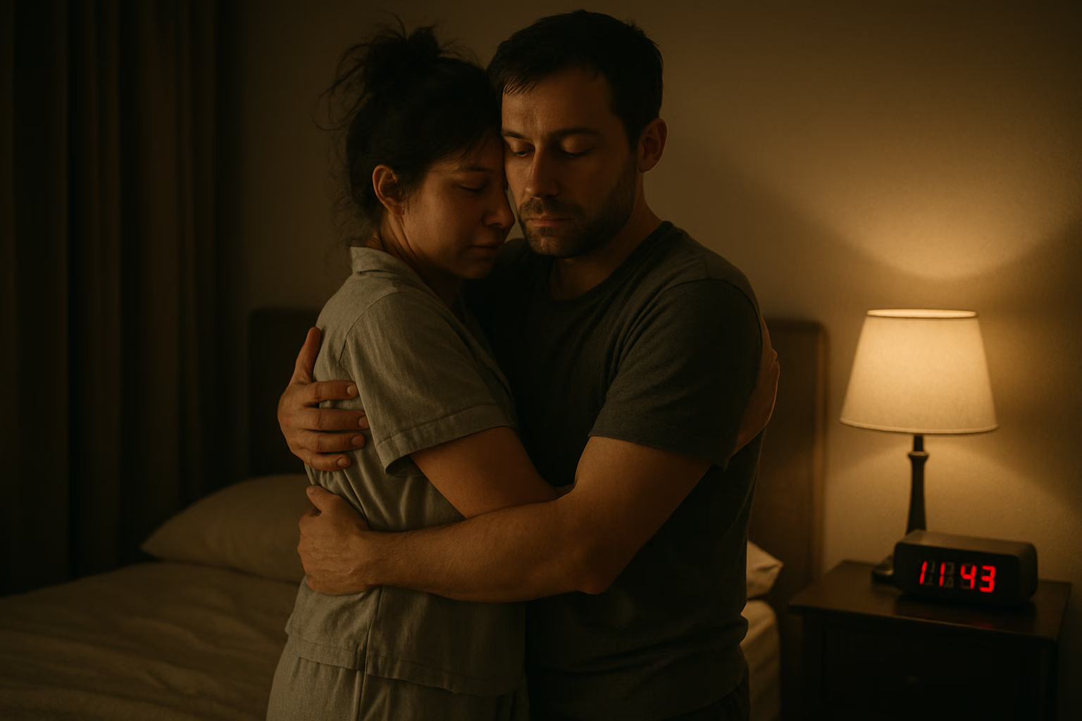 Exhausted couple sharing bedtime hug late at night showing commitment