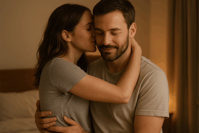 Couple sharing intimate whispered conversation during their bedtime hug