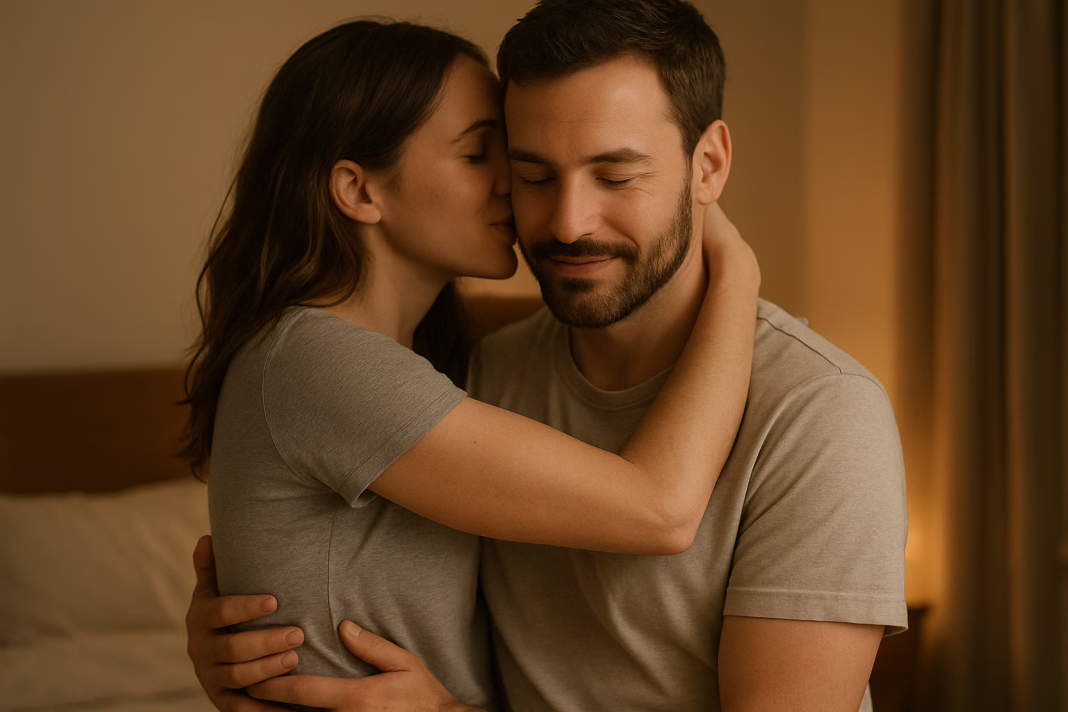 Couple sharing intimate whispered conversation during their bedtime hug