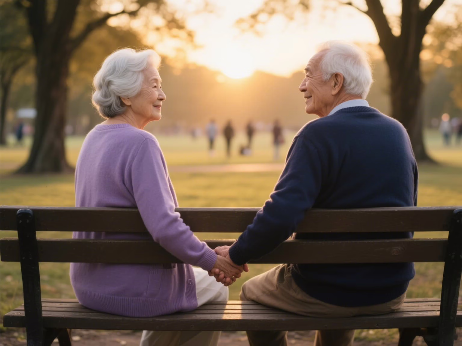 Elderly couple holding hands showing lasting love and contentment after decades together