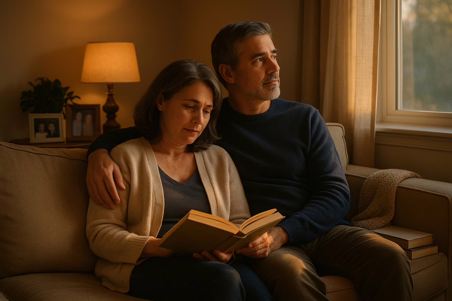 Mature couple sharing quiet intimate moment on couch representing evolved love beyond passion