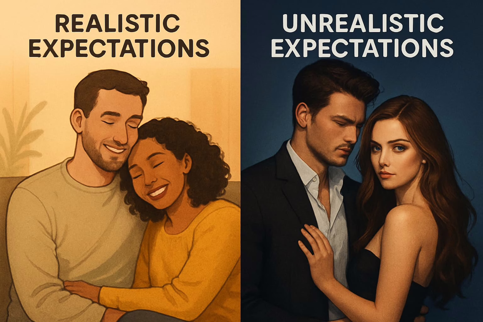 Conceptual illustration contrasting realistic and unrealistic sexual expectations
