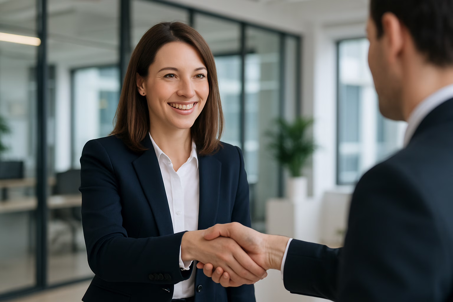 Woman giving confident handshake in professional office setting