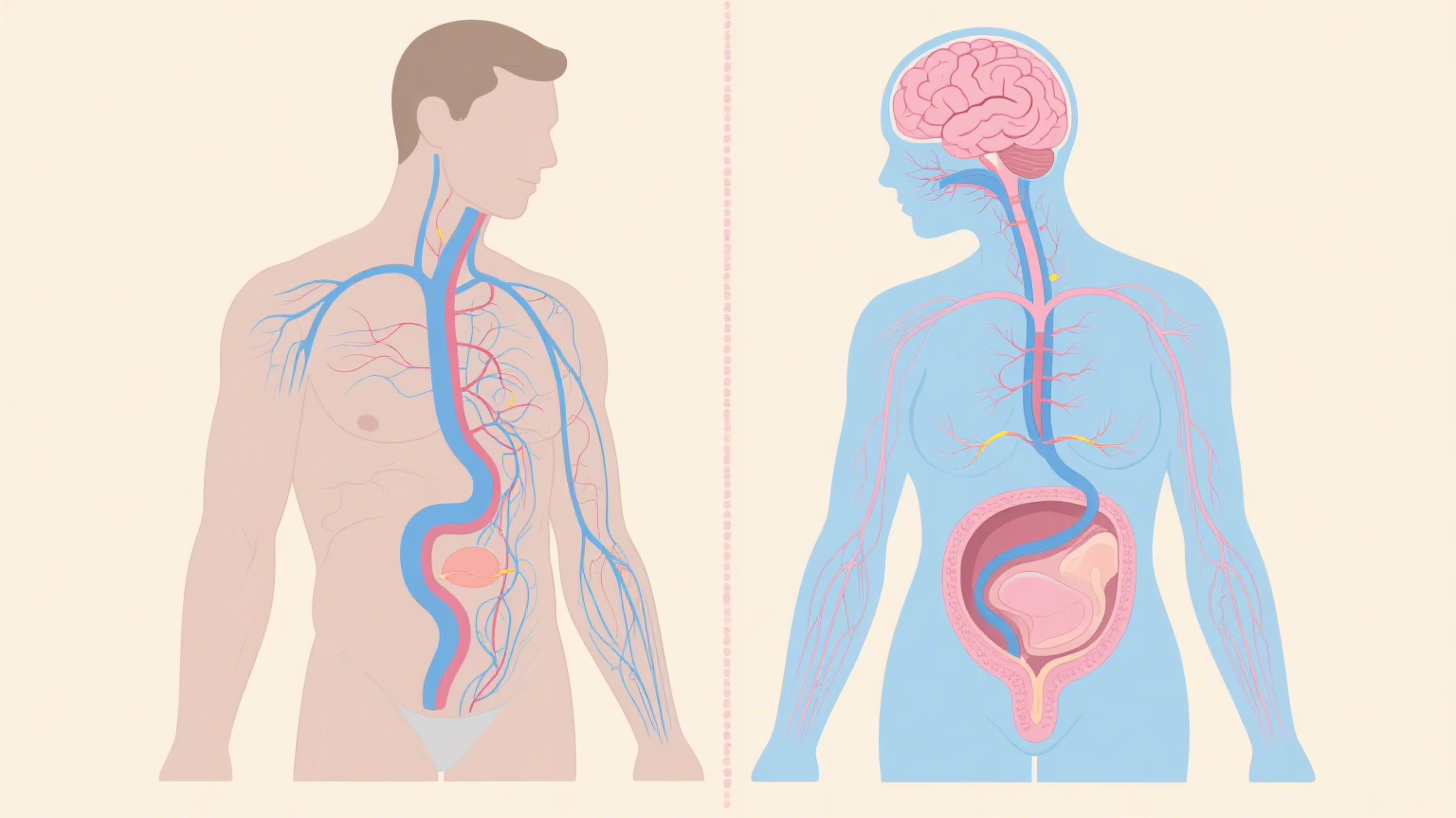 Anatomical diagram showing male and female orgasmic response pathways and brain activation
