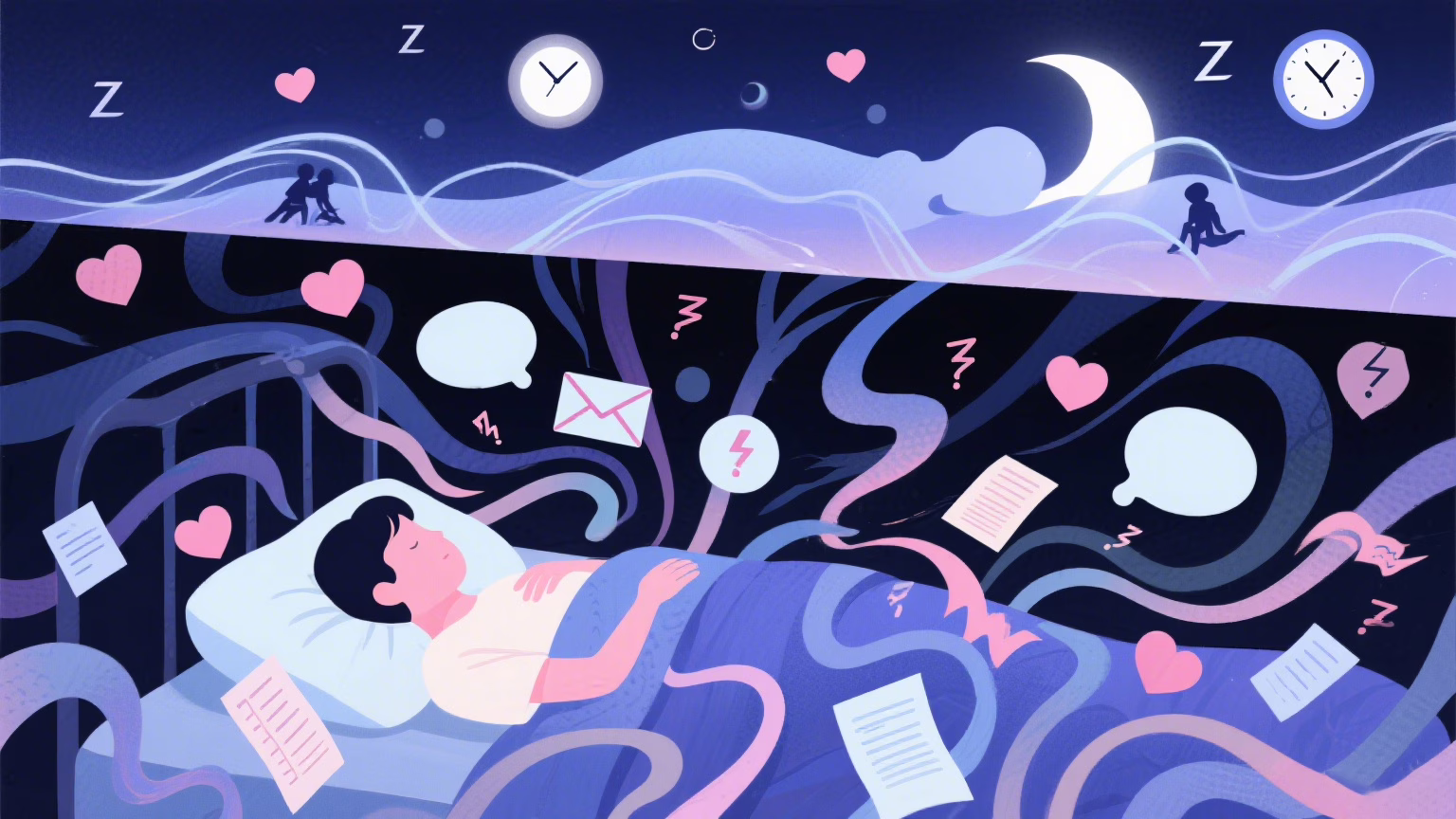Sleep disruption from stress affecting libido and sexual health illustration