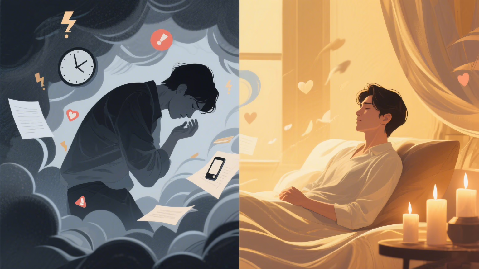 Artistic illustration showing transformation from stress to intimacy and sexual wellness