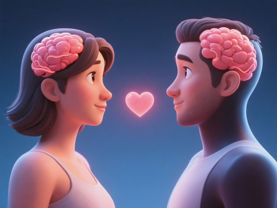 Two people with connected neural pathways representing love's neurochemical bond