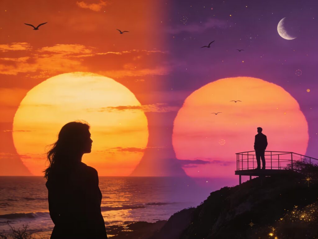 Composite image showing couple watching same sunset from different locations symbolizing long distance connection