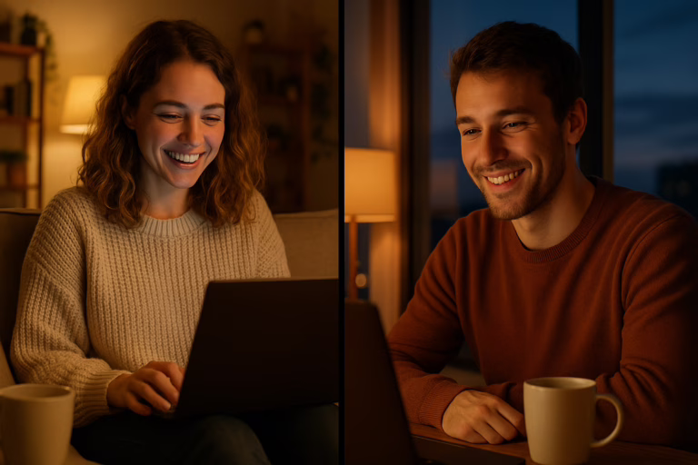 Young couple smiling during video call across long distance showing modern technology connection