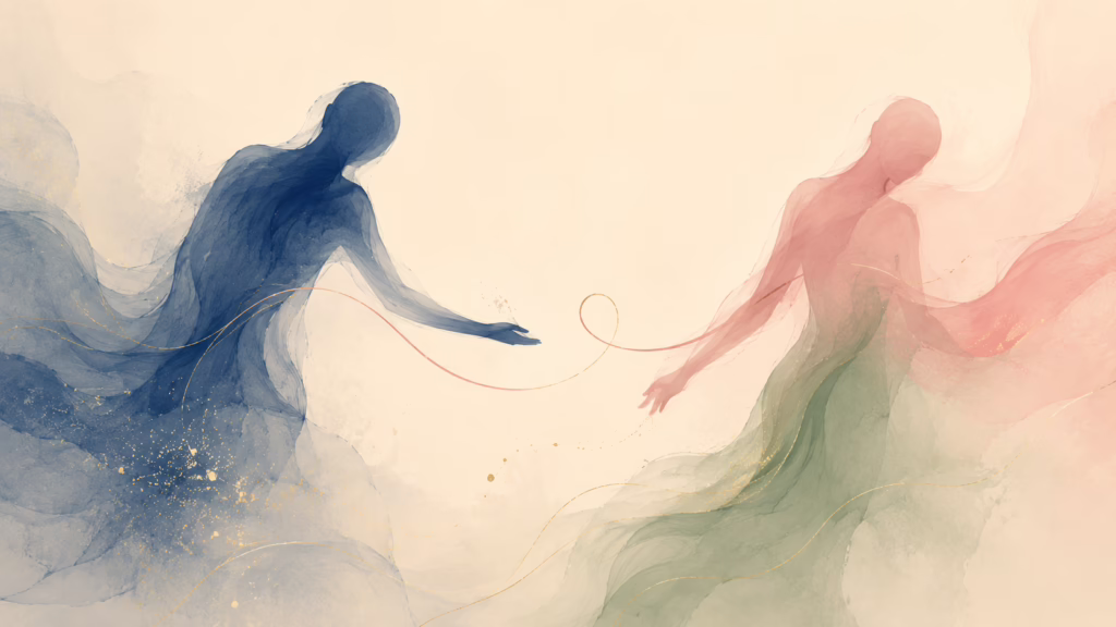 Two abstract figures connected by a thread representing attachment patterns