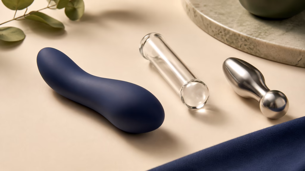 Still life of body-safe materials: silicone, glass, and steel