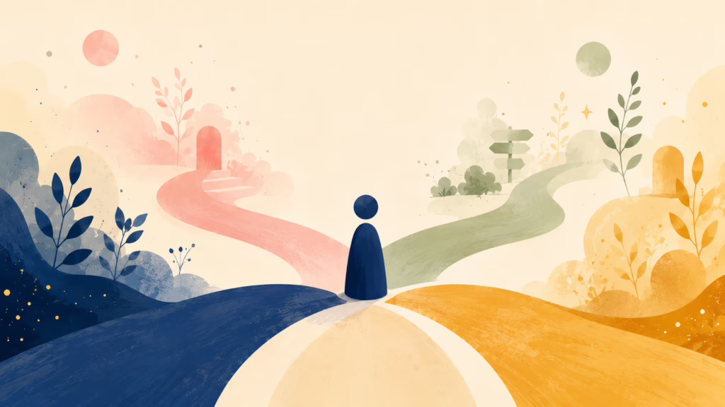 Playful illustration of curiosity and self-discovery at a crossroads