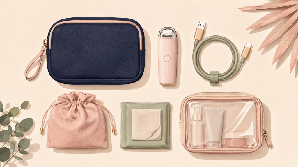 Flat-lay of travel-friendly toy essentials for packing