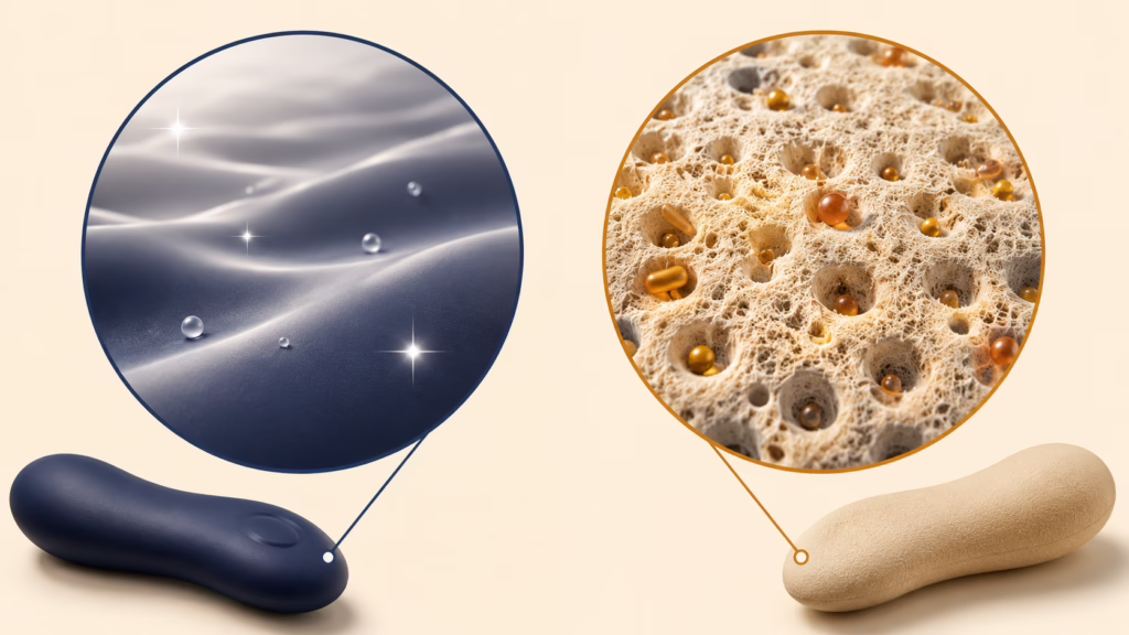 Microscopic comparison of porous versus non-porous toy material surfaces