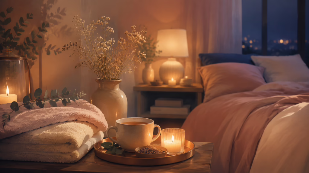Cozy candlelit self-care setting suggesting a relaxed private ritual