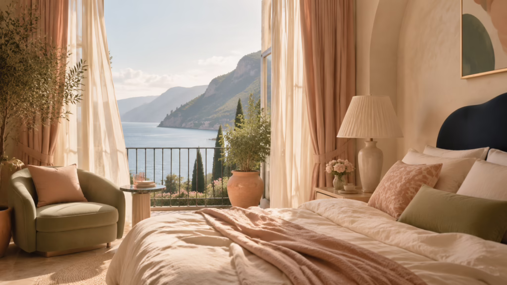 Serene hotel room with warm sunlight evoking a relaxing trip